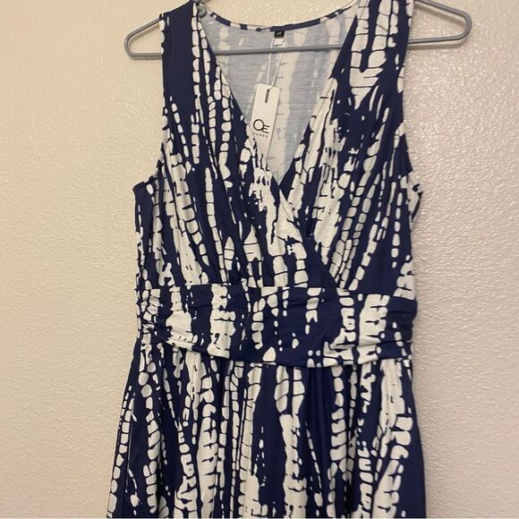 Navy blue print stretch v neck wrap midi summer sleeveless dress M NEW - Picture 5 of 10